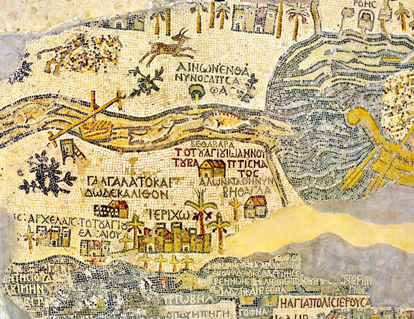 Fragment of the oldest floor mosaic map of the Holy Land, St. George Church, Madaba